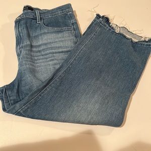 J BRAND size 32 high rise ,wide leg ,cropped at ankle frayed hem stretch
